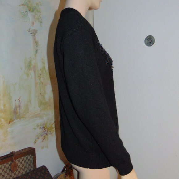 Vintage Amanda Smith Sweater Large Black Sequin Silk Angora Rabbit Cardigan L - Picture 2 of 9